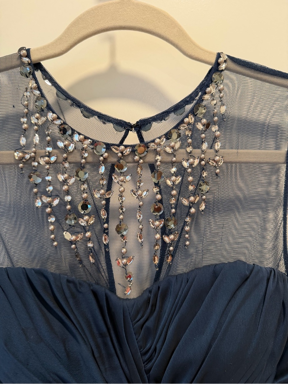 Adrianna Papell Navy Beaded Illusion Evening Gown - Picture 4 of 9